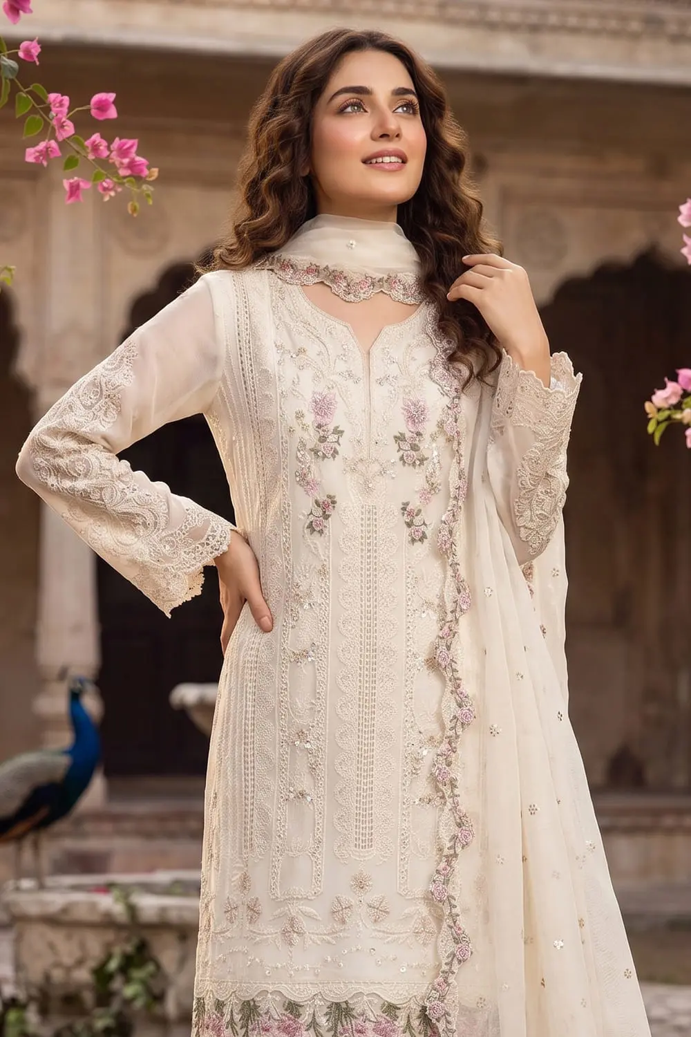 Close up of hand moti and khatli embroidery on white chiffon kurta