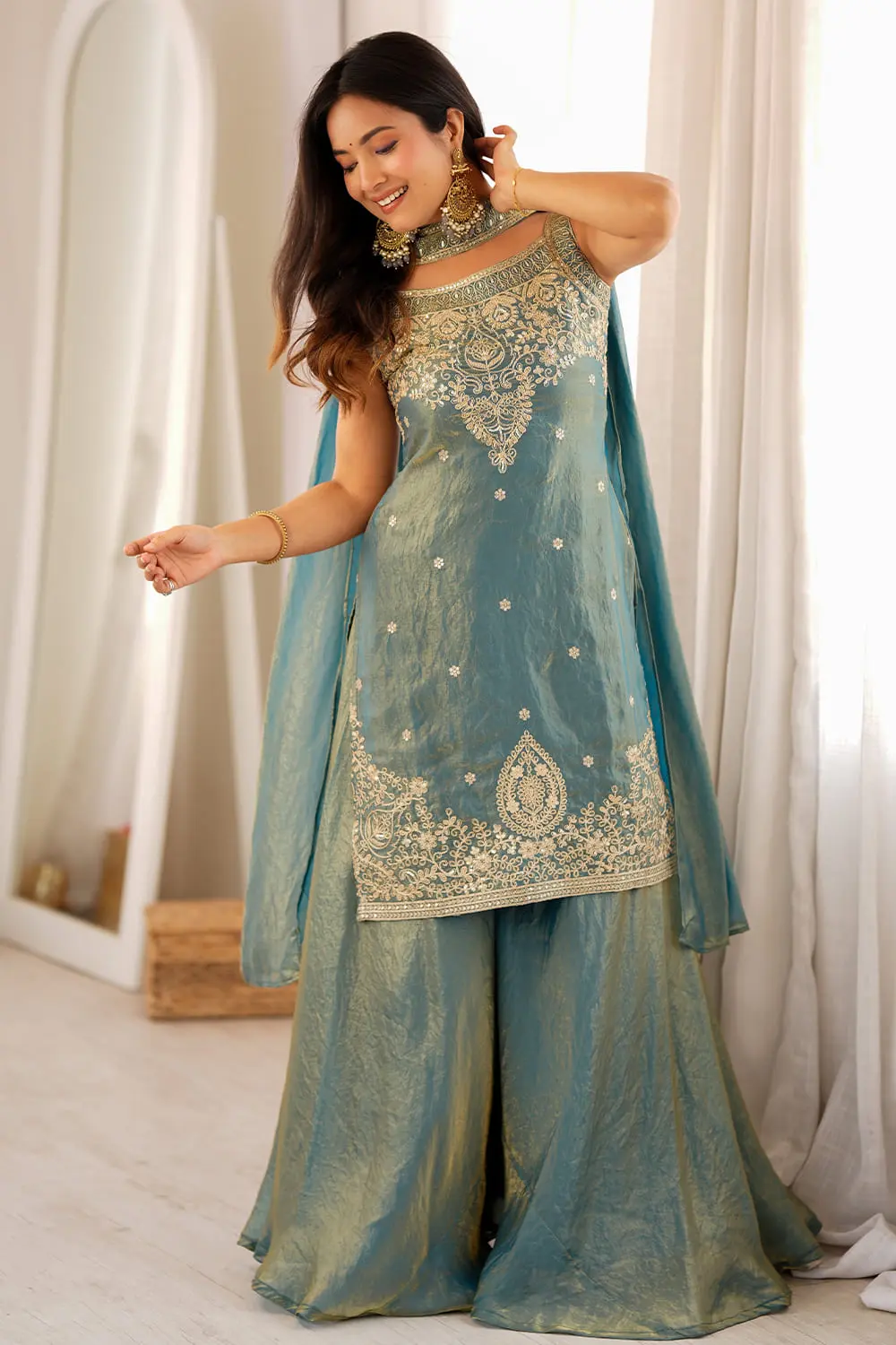 Teal green soft silk kurta sharara set with dori and zari embroidery full view