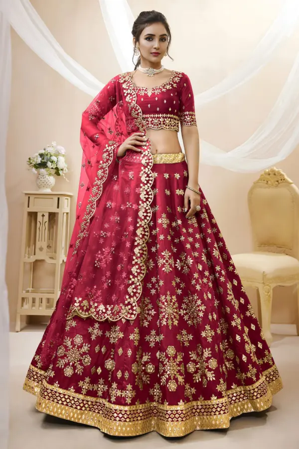 Red art silk lehenga for sangeet with sequins and zari work by Khaish