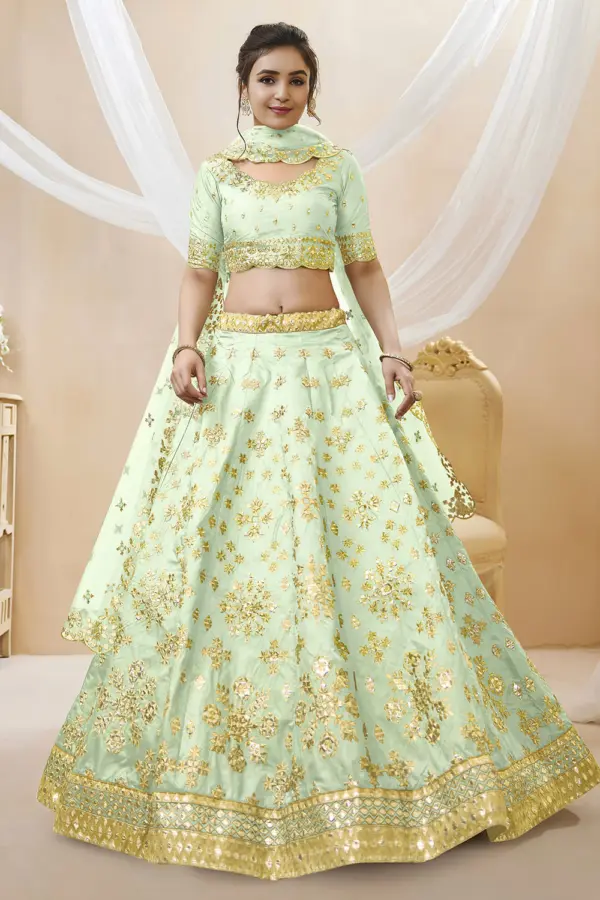 Pista green art silk lehenga for engagement with sequins and zari work by Khaish