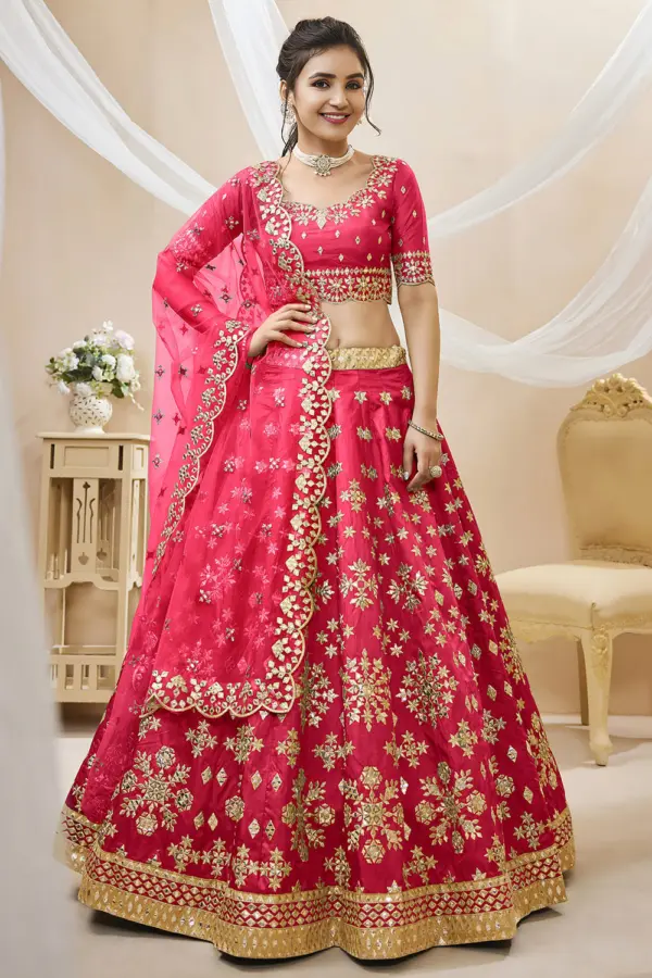 Pink art silk lehenga for mehndi with sequins and zari work by Khaish