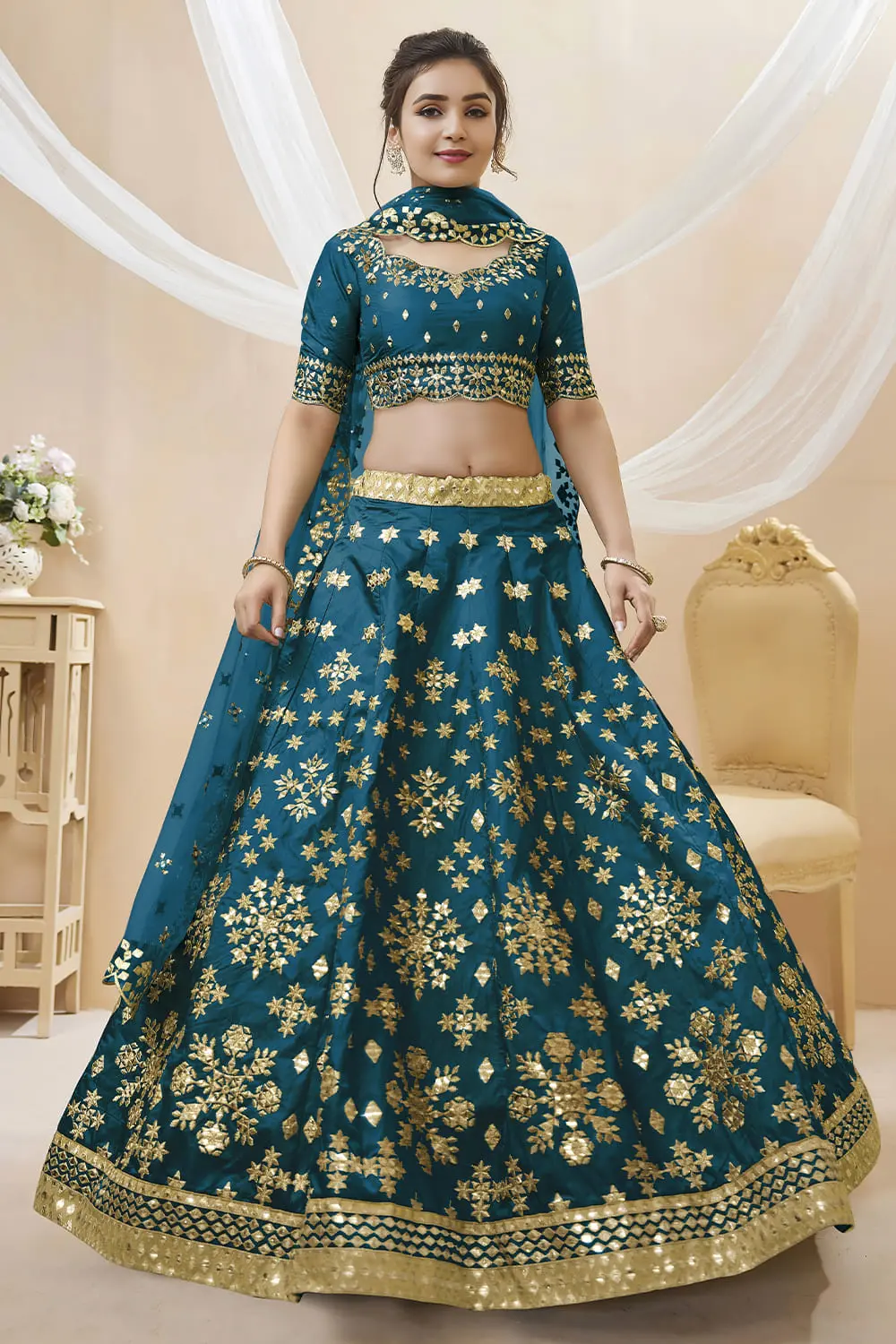 Teal blue art silk lehenga for wedding with sequins and zari work by Khaish