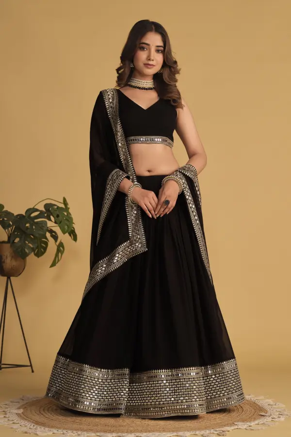 Black lehenga choli for cocktail party in georgette with sequins zari work by Khaish