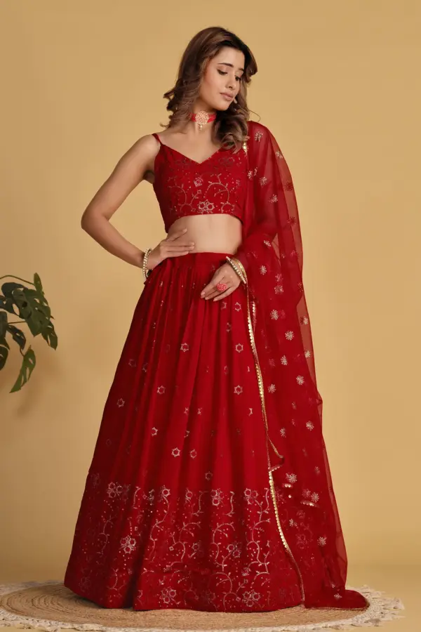 Red georgette lehenga for festive wear with sequins zari work by Khaish