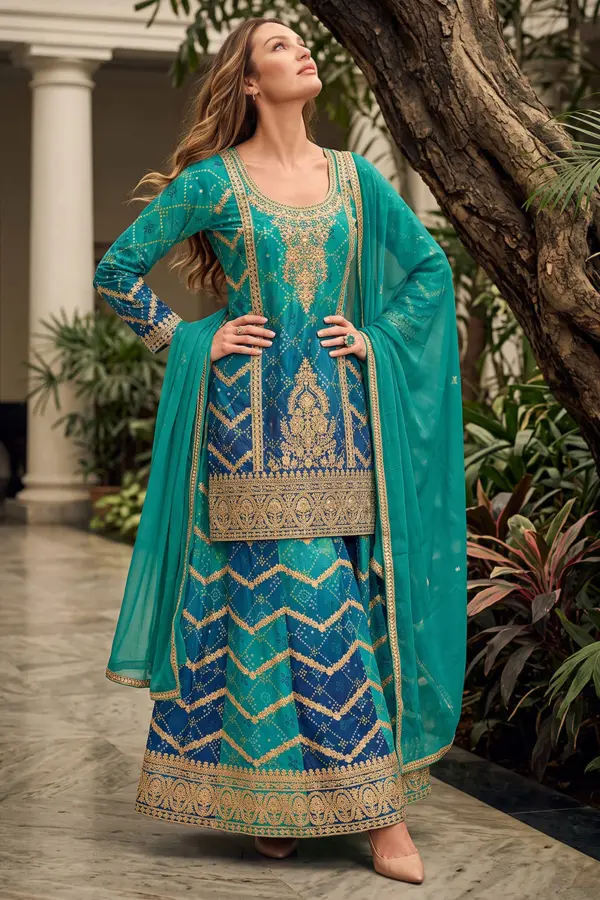 Teal purple ombre kurta palazzo set with mirror and jarkan work by Khaish