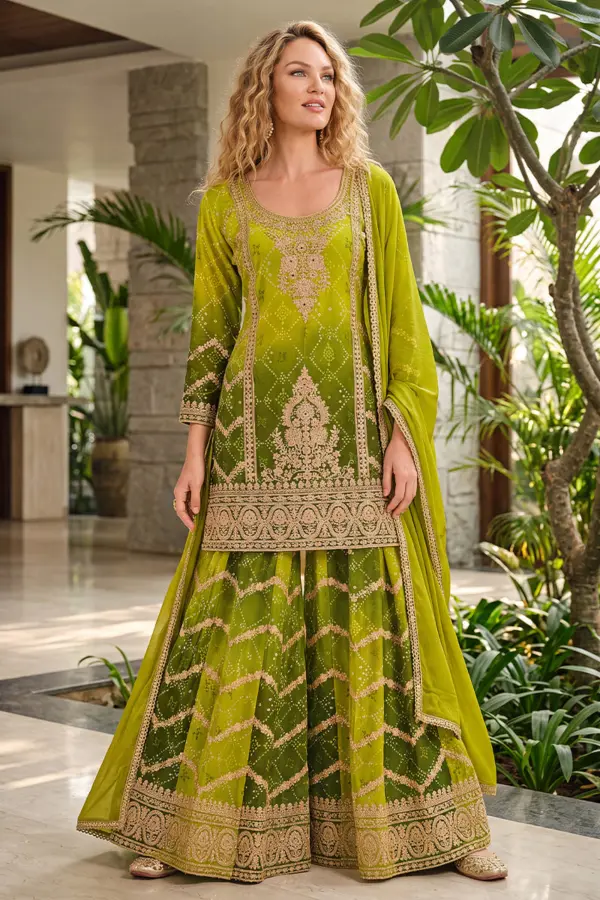 Two tone green kurta palazzo set with mirror and jarkan work by Khaish