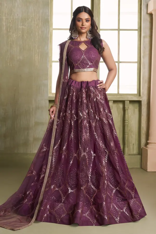 Wine butterfly net lehenga for reception with tone-to-tone thread work by Khaish