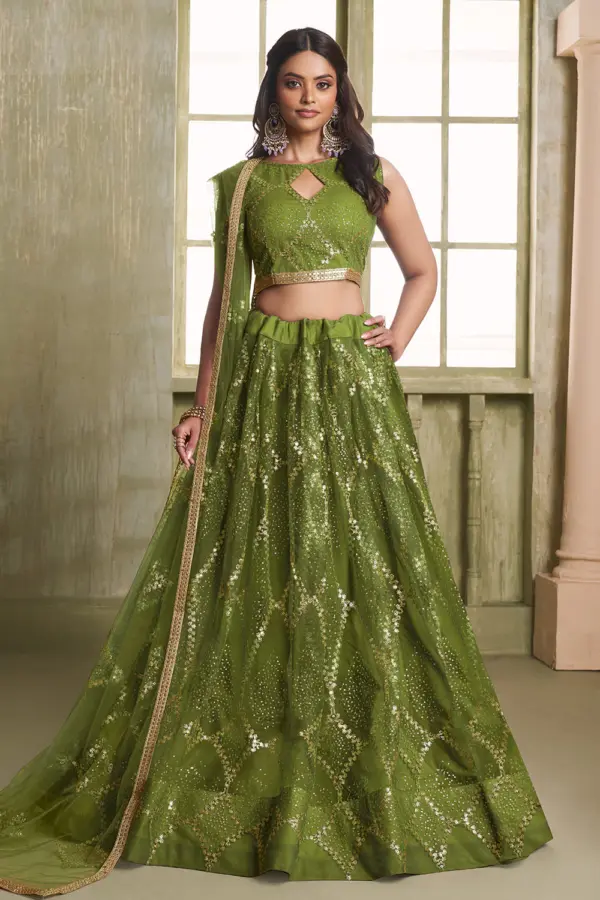 Green butterfly net lehenga for wedding with tone-to-tone thread work by Khaish