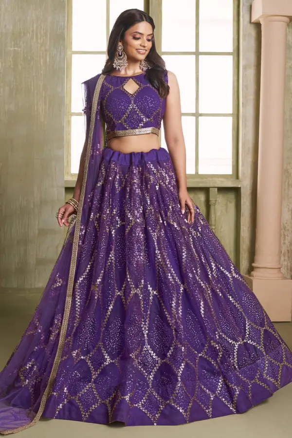 Deep purple butterfly net lehenga choli with tone-to-tone thread work by Khaish