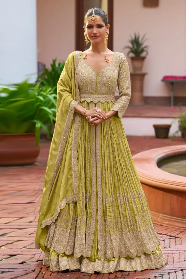 Olive green anarkali with skirt for wedding in real chinon with embroidery by Khaish