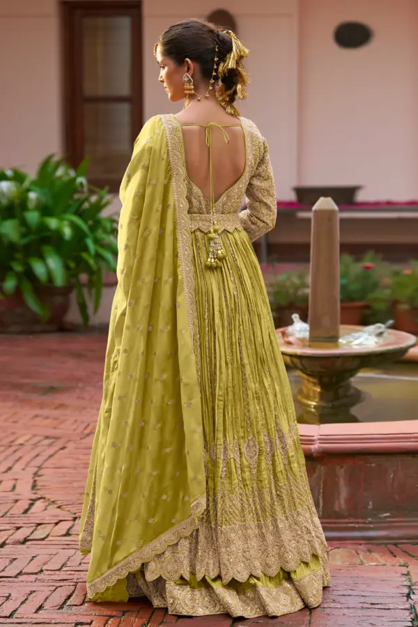 Back view of olive green chinon anarkali with skirt and dupatta