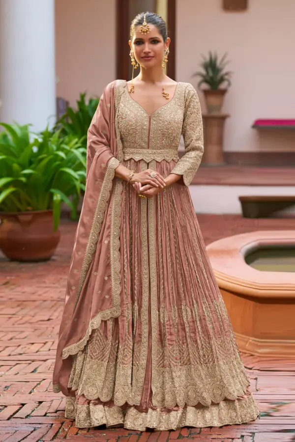 Dusty pink anarkali with skirt for reception in real chinon with embroidery by Khaish