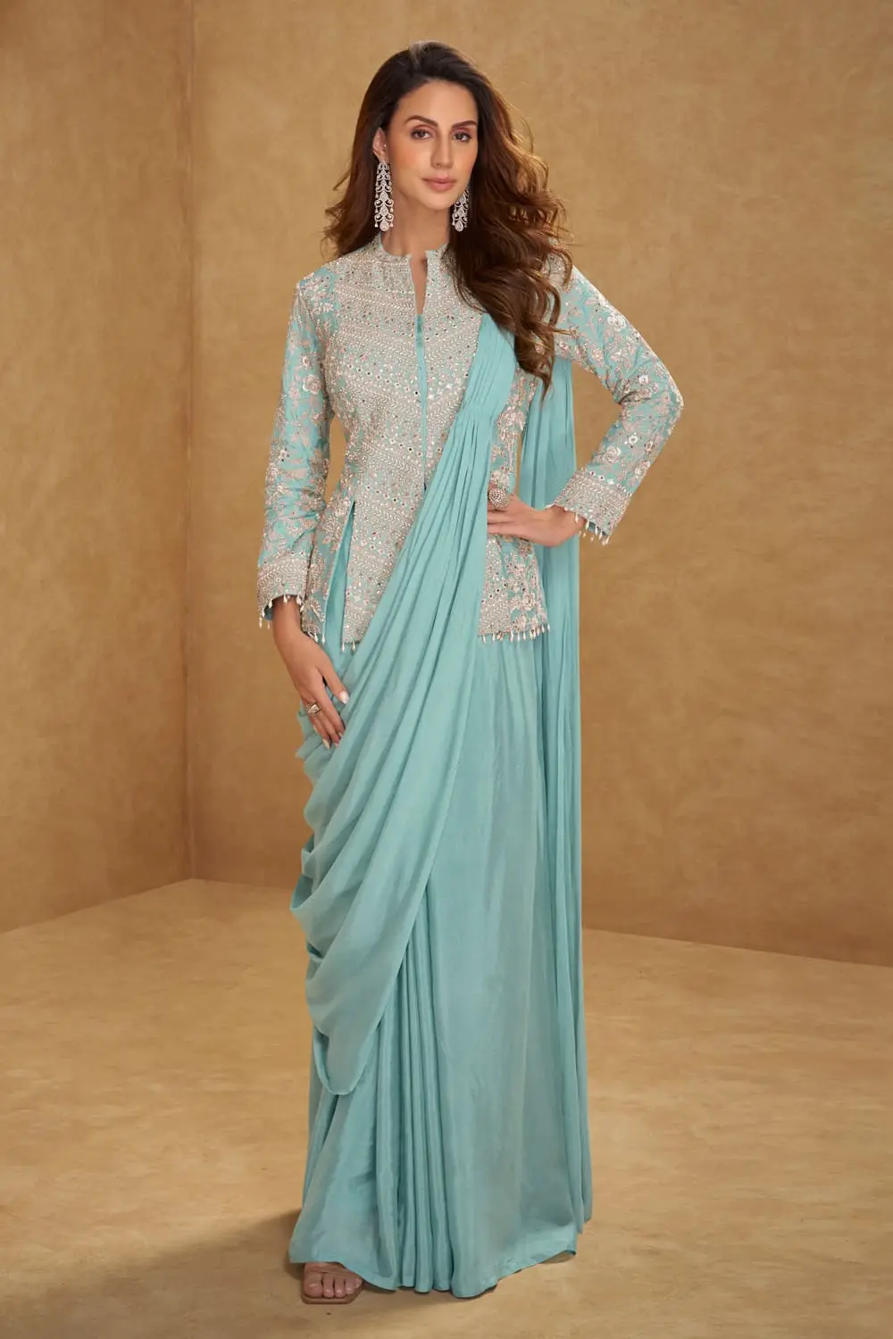 Dusty Blue Chinon Silk Designer Saree with Jacket, Embroidery and Tassel Lace Dusty Blue Chinon Silk Designer Saree with Jacket, Embroidery and Tassel Lace