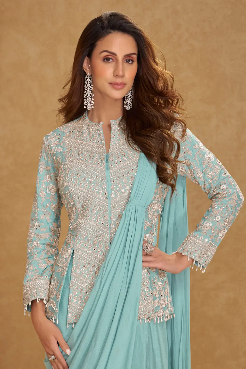 Dusty blue chinon silk saree styled with embroidered jacket