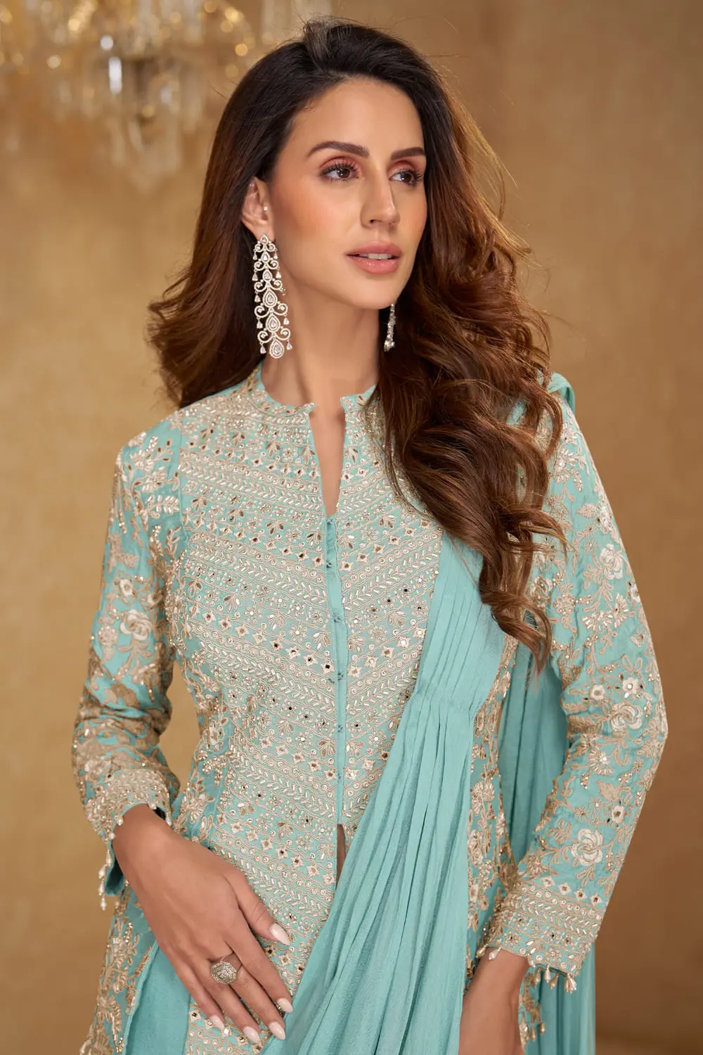 Embroidery work and tassel lace detail on dusty blue jacket saree