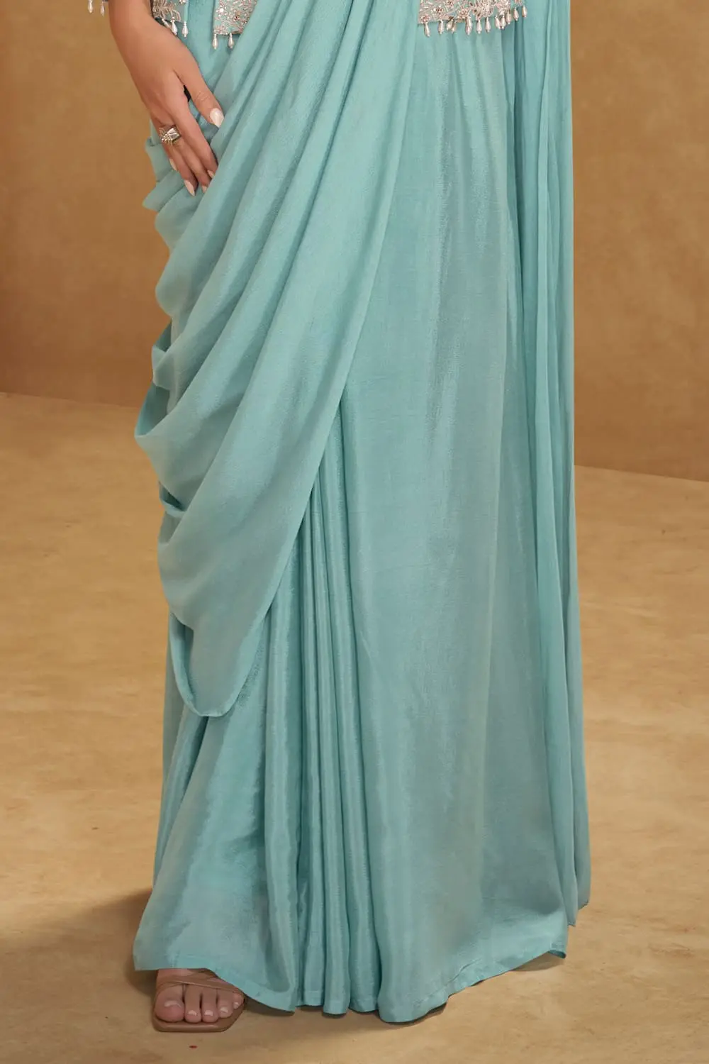 Full drape of dusty blue chinon silk designer saree with jacket