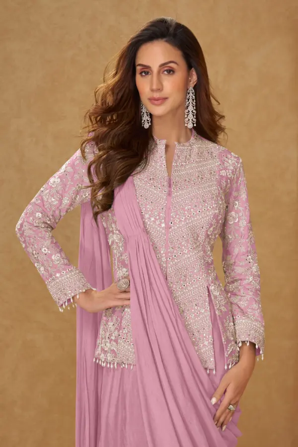 Pink chinon silk saree styled with embroidered jacket
