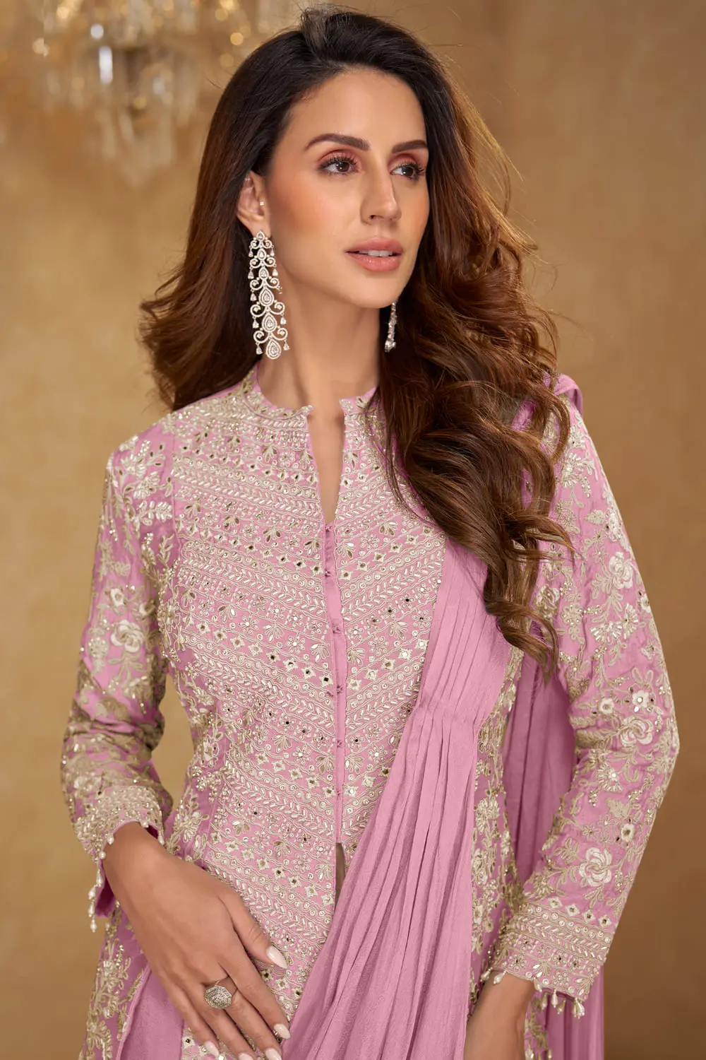Embroidery work and tassel lace detail on pink jacket saree