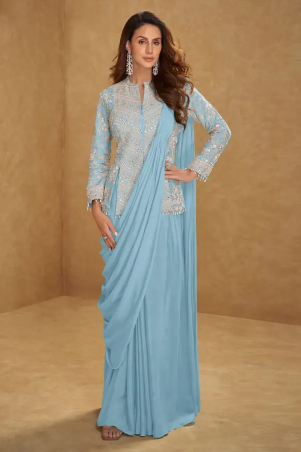 Sky blue saree with jacket online in chinon silk by Khaish