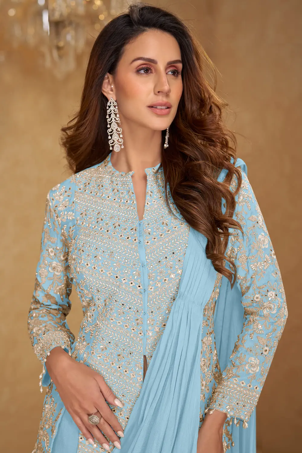Embroidery work and tassel lace detail on sky blue jacket saree