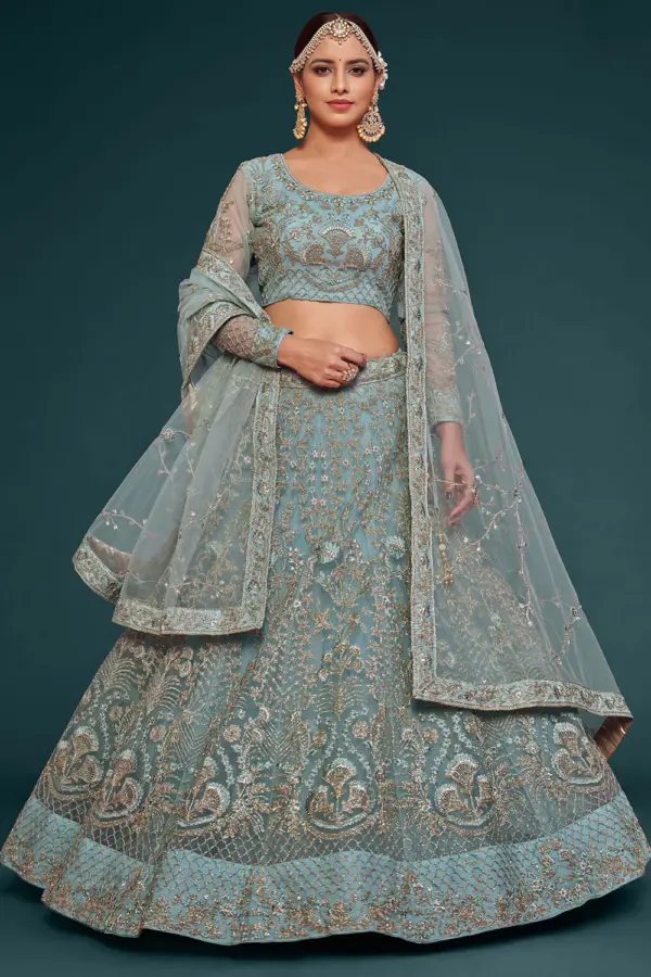 Sky blue net lehenga choli online with badla and zari embroidery by Khaish