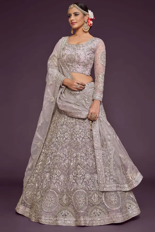 Lavender net lehenga choli online with badla and zari embroidery by Khaish