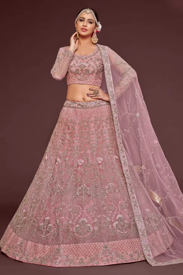 Rose gold net lehenga choli online with badla and zari embroidery by Khaish