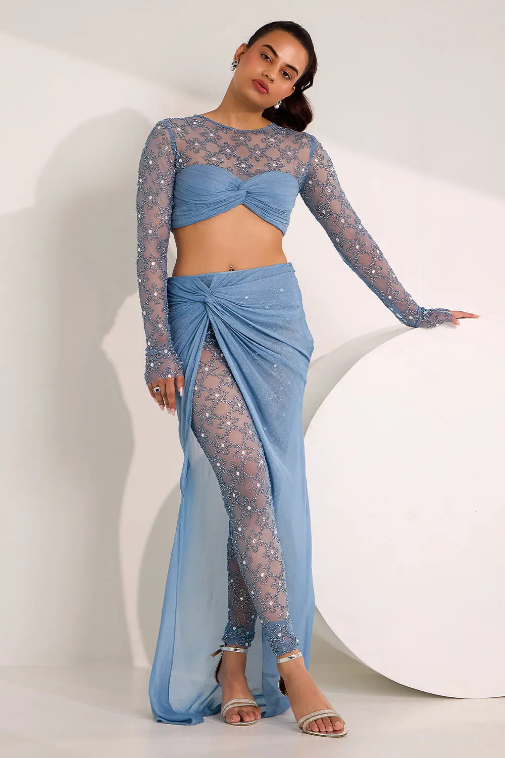 Blue indo western skirt set for party in soft net with crystal embroidery by Khaish