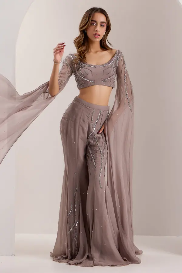 Grey organza flared pant set for women with floor length blouse by Khaish