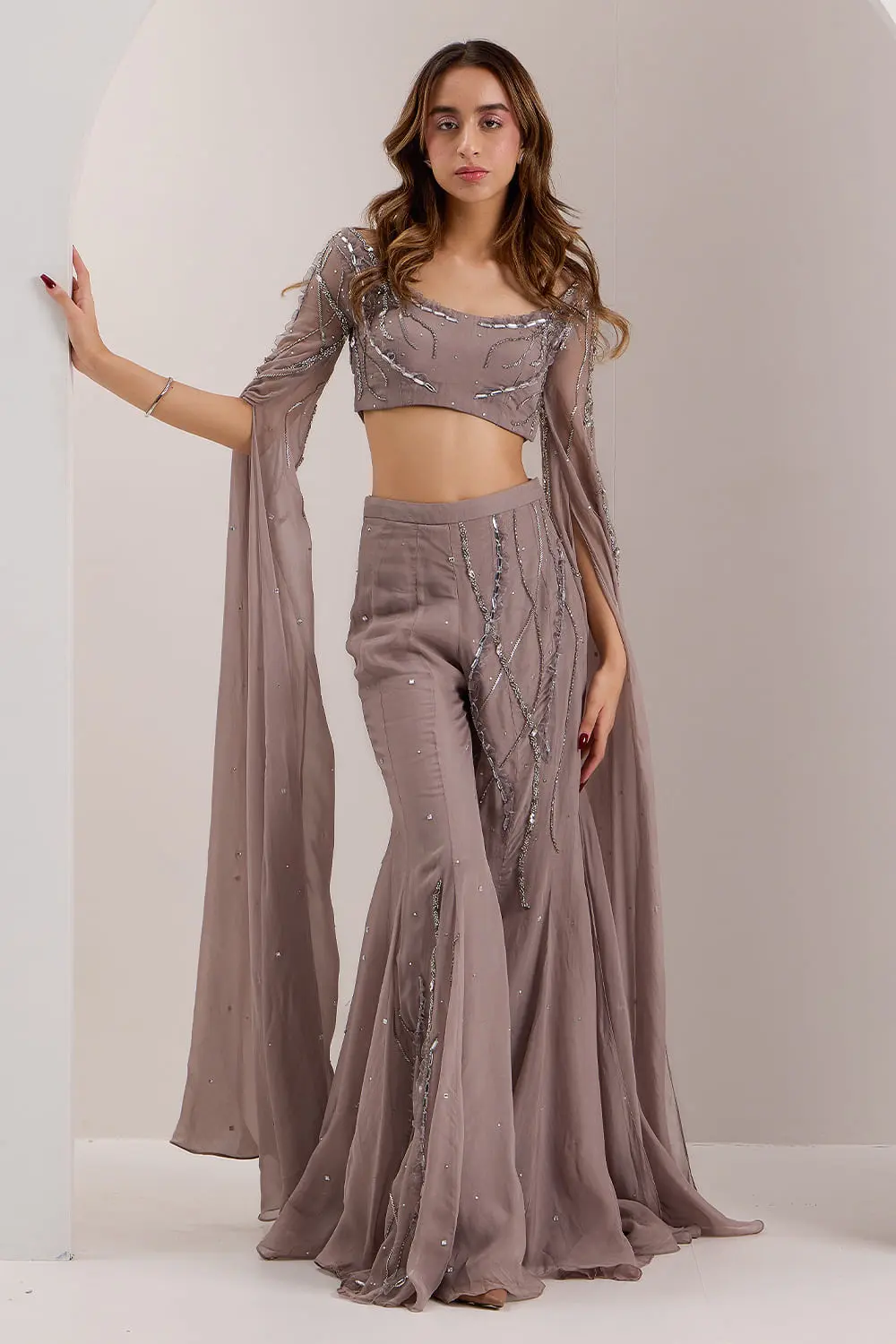 Mix media embroidered grey flared pant set with floor length blouse