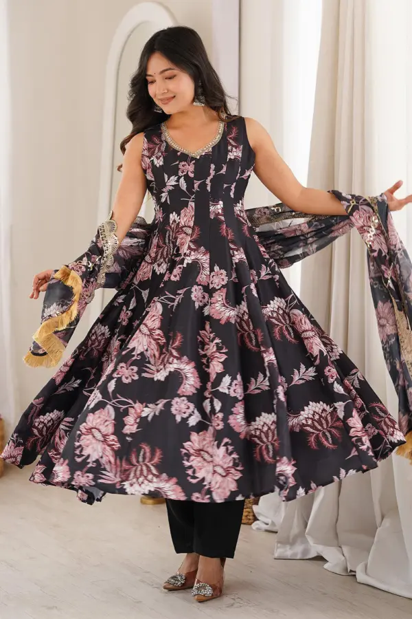 Deep midnight blue anarkali gown with pant in pure muslin floral print by Khaish