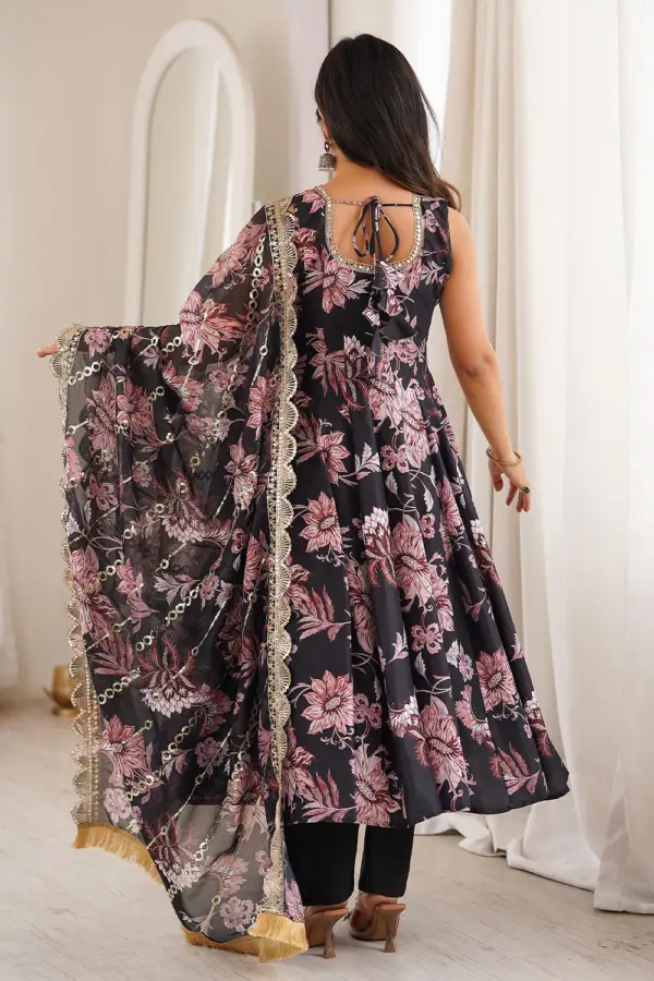 Back view of deep midnight blue muslin anarkali gown with pant