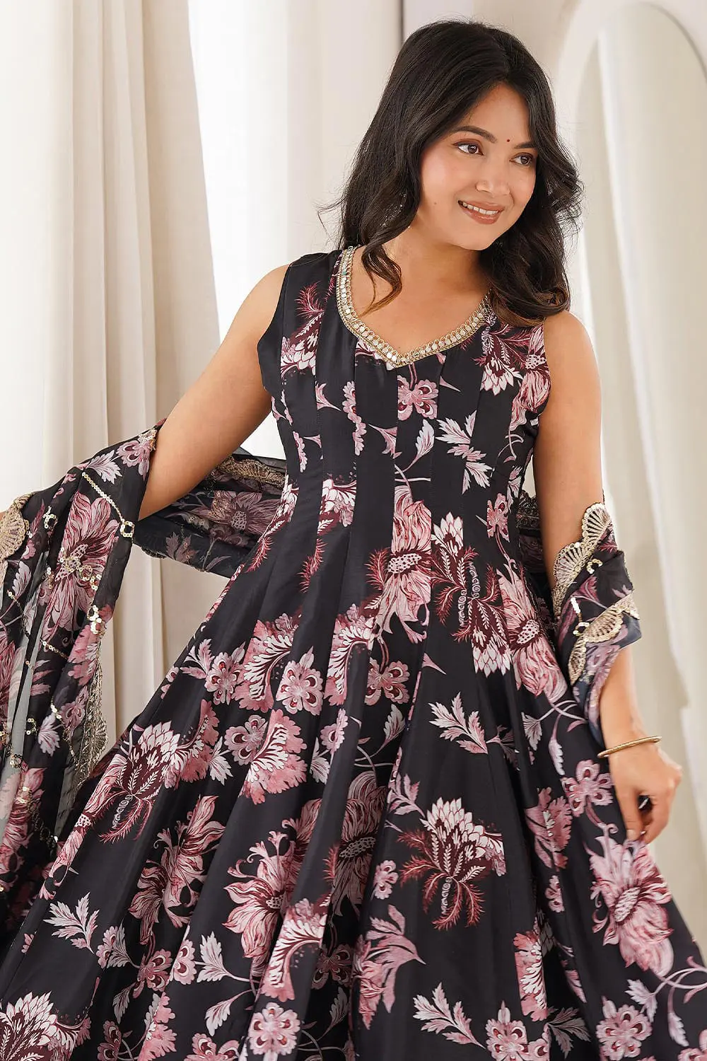 Close up of floral print and organza sequins dupatta on midnight blue anarkali