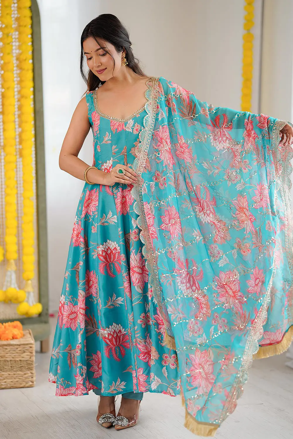 Sky blue muslin anarkali gown with organza sequins dupatta full view