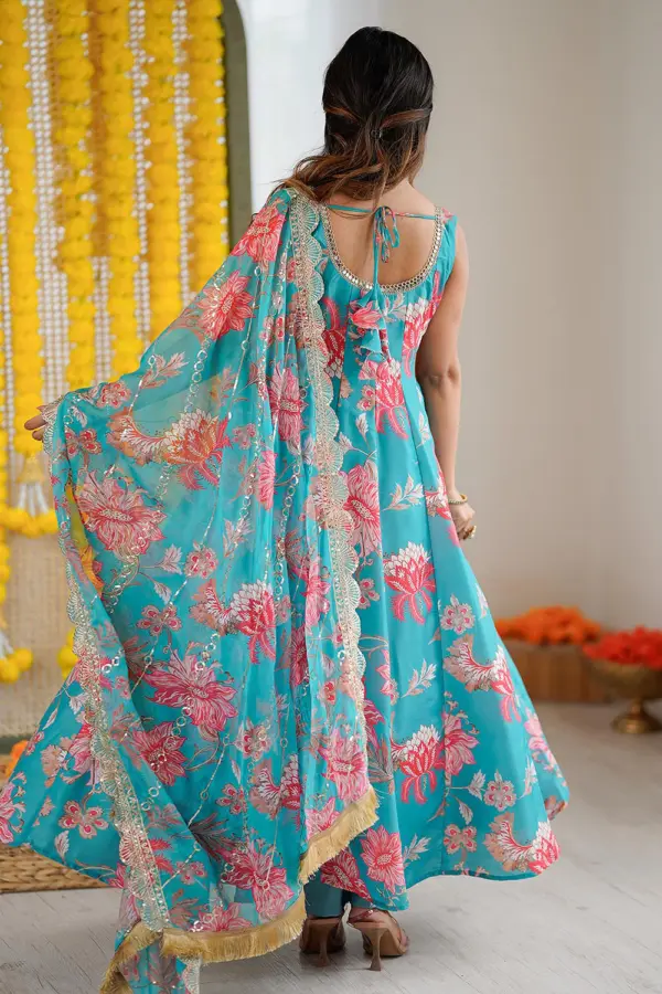 Back view of sky blue muslin anarkali gown with pant