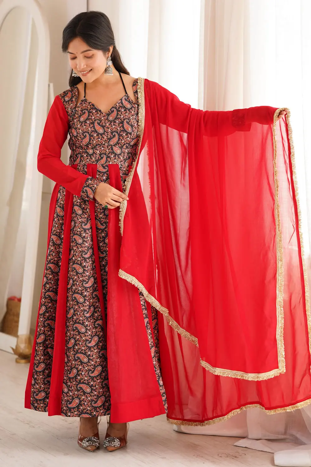 Red blooming georgette anarkali gown with micro cotton pant full view