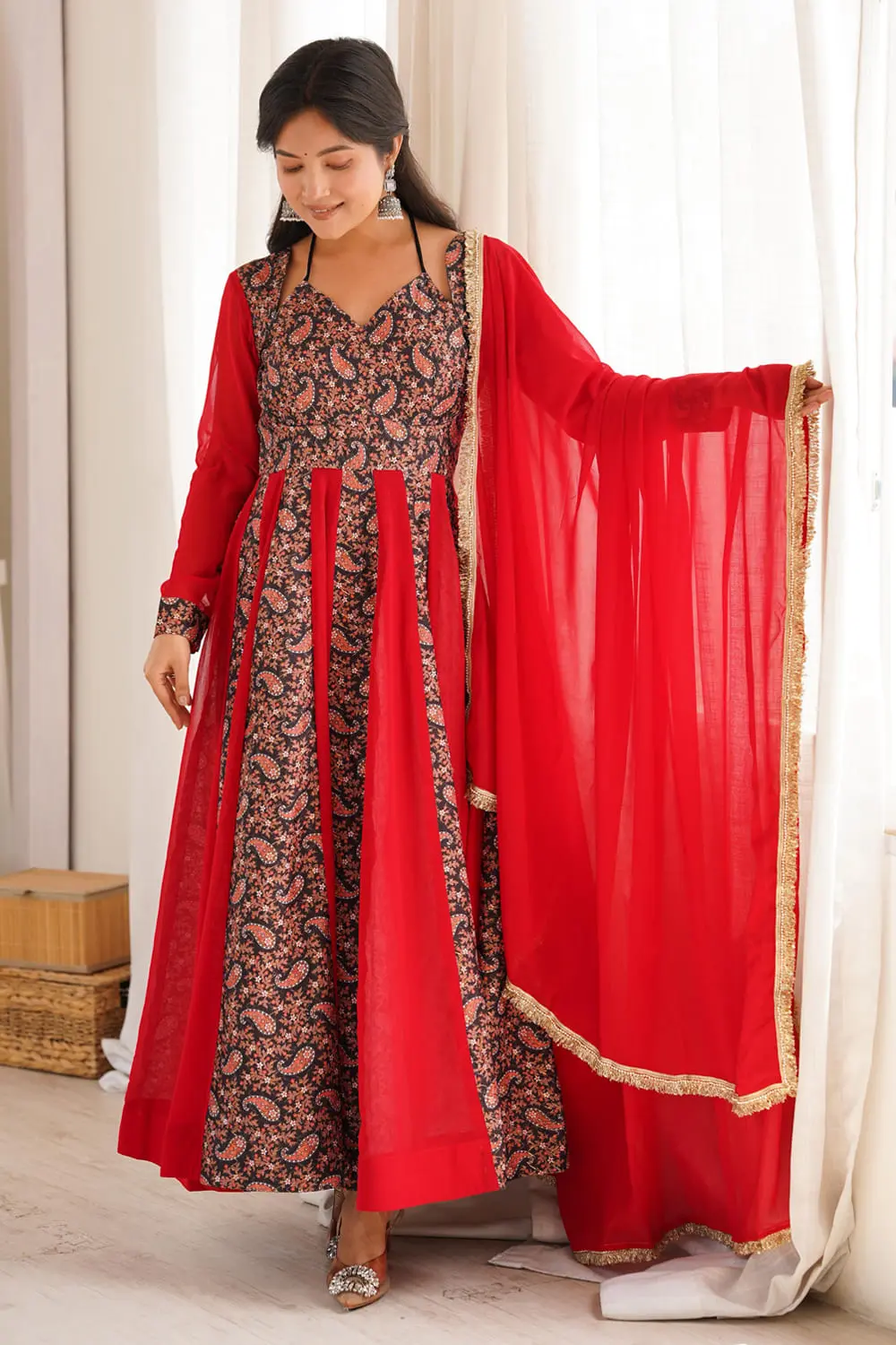 Red embroidered anarkali gown with pant front styling