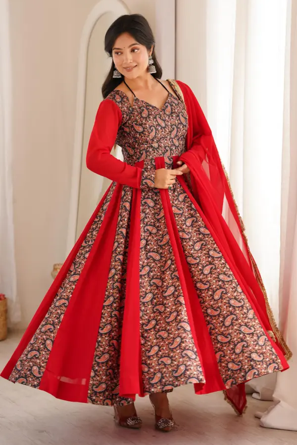Red anarkali gown with pant in blooming georgette with mulberry embroidery by Khaish