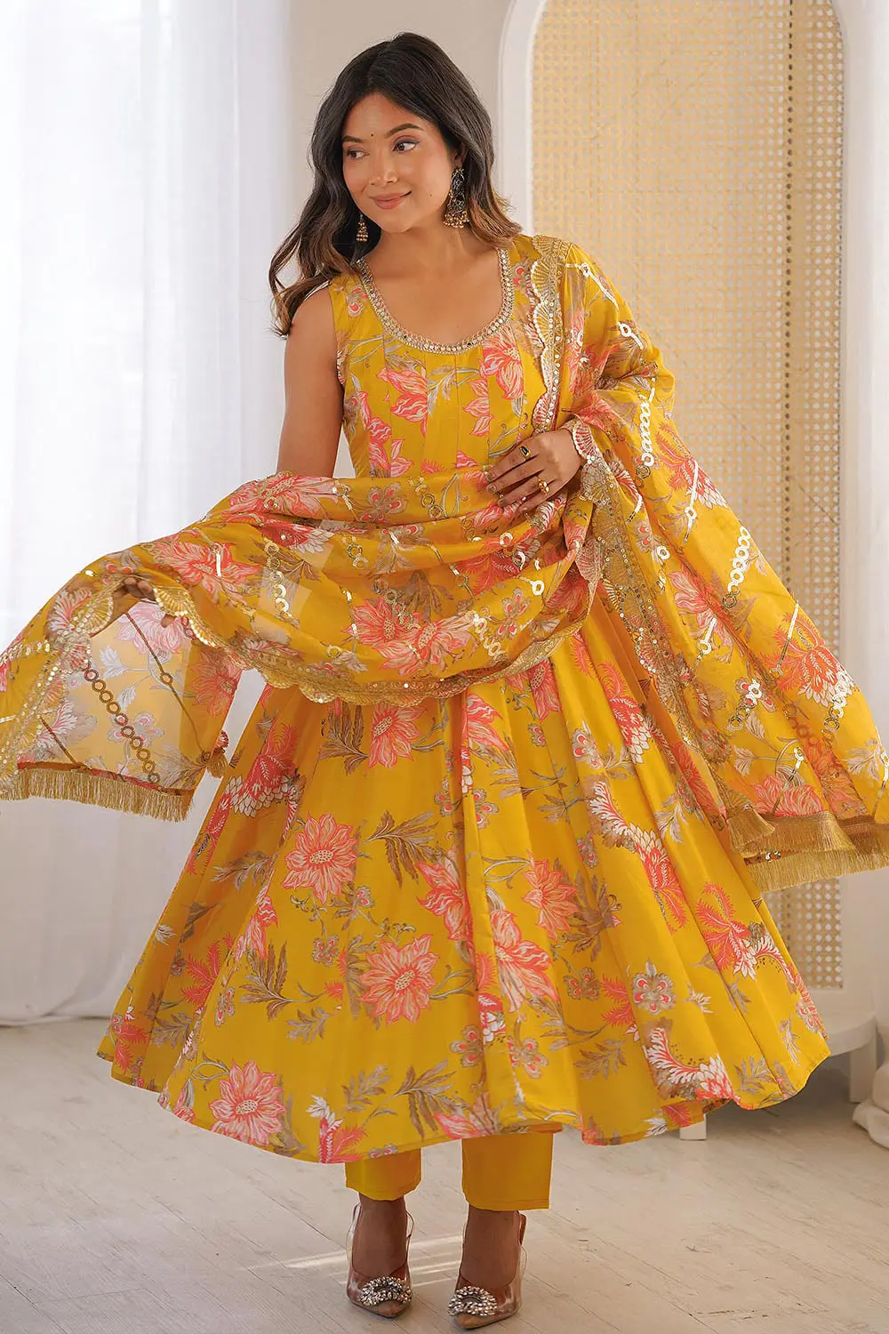 Mustard muslin anarkali gown with organza sequins dupatta full view