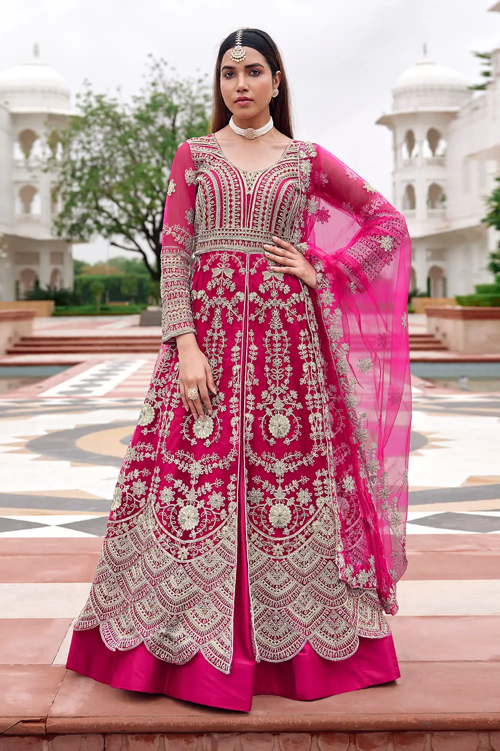 Pink Butterfly Net Anarkali Dress with Convertible Pant or Skirt Bottom and Heavy Embroidery Pink Butterfly Net Anarkali Dress with Convertible Pant or Skirt Bottom and Heavy Embroidery