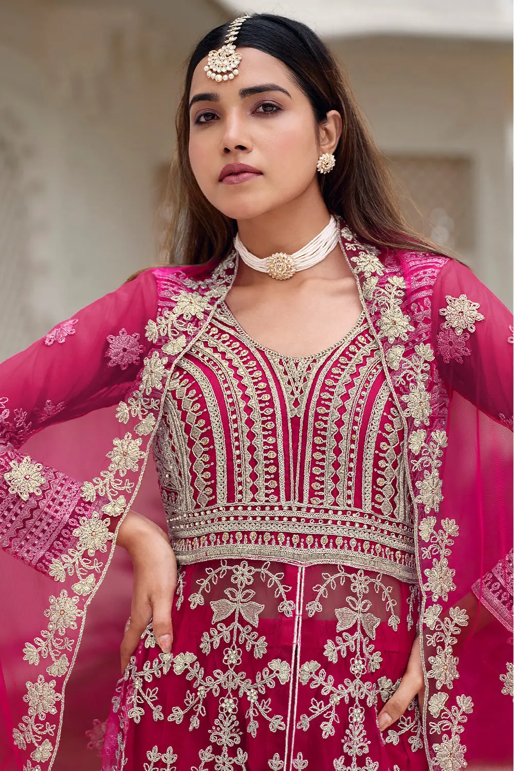 Pure butterfly net dupatta with embroidery for pink anarkali set