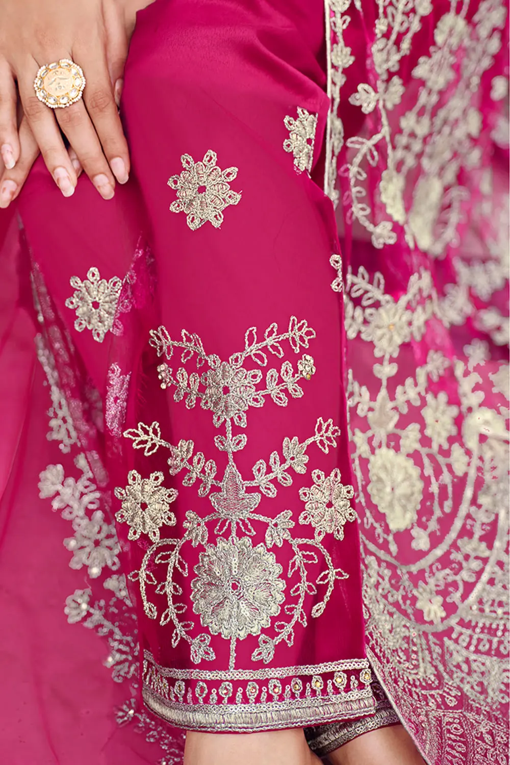 Detailed back embroidery on pink net anarkali dress for wedding