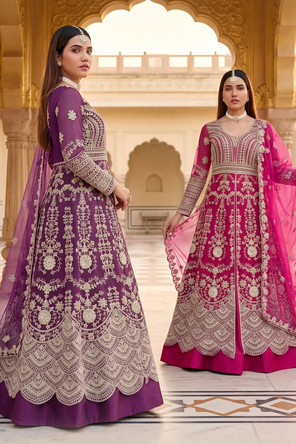 Embroidered neckline detail on deep purple net anarkali suit
