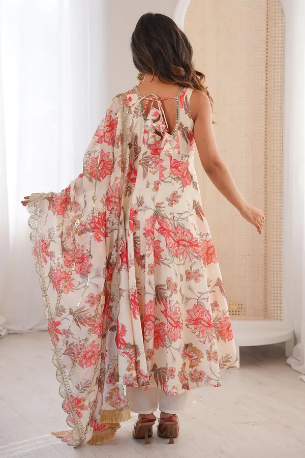 Back view of ivory muslin anarkali gown with pant