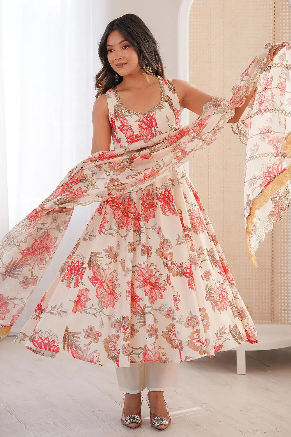 Ivory muslin anarkali gown with organza sequins dupatta full view