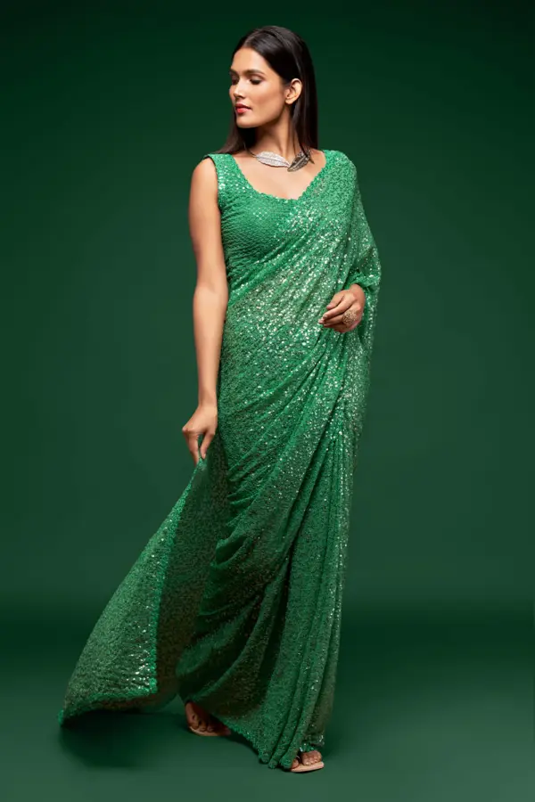 Mint green georgette saree for cocktail with thread and sequins embroidery by Khaish