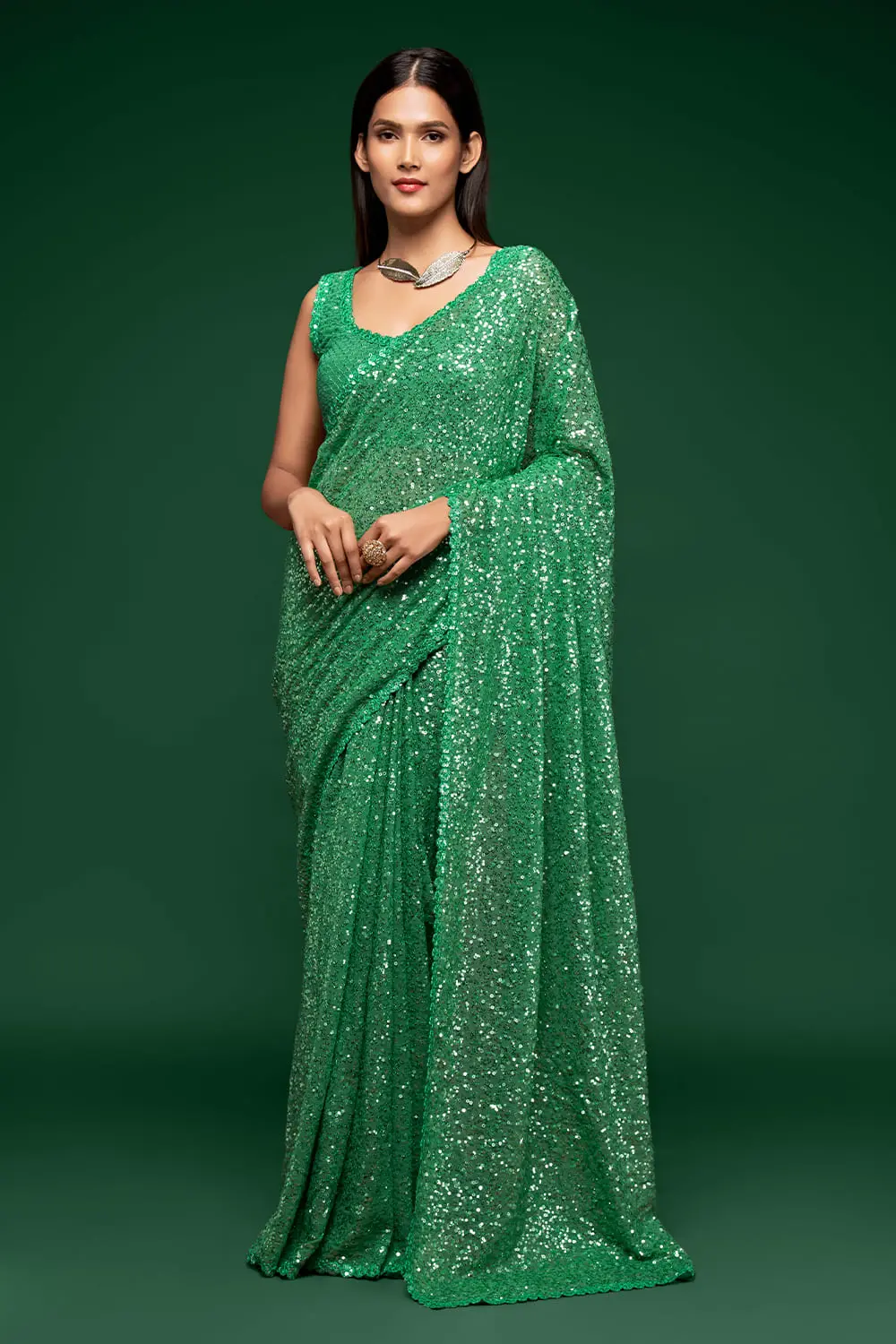 Mint green sequin georgette saree with pallu draped full view