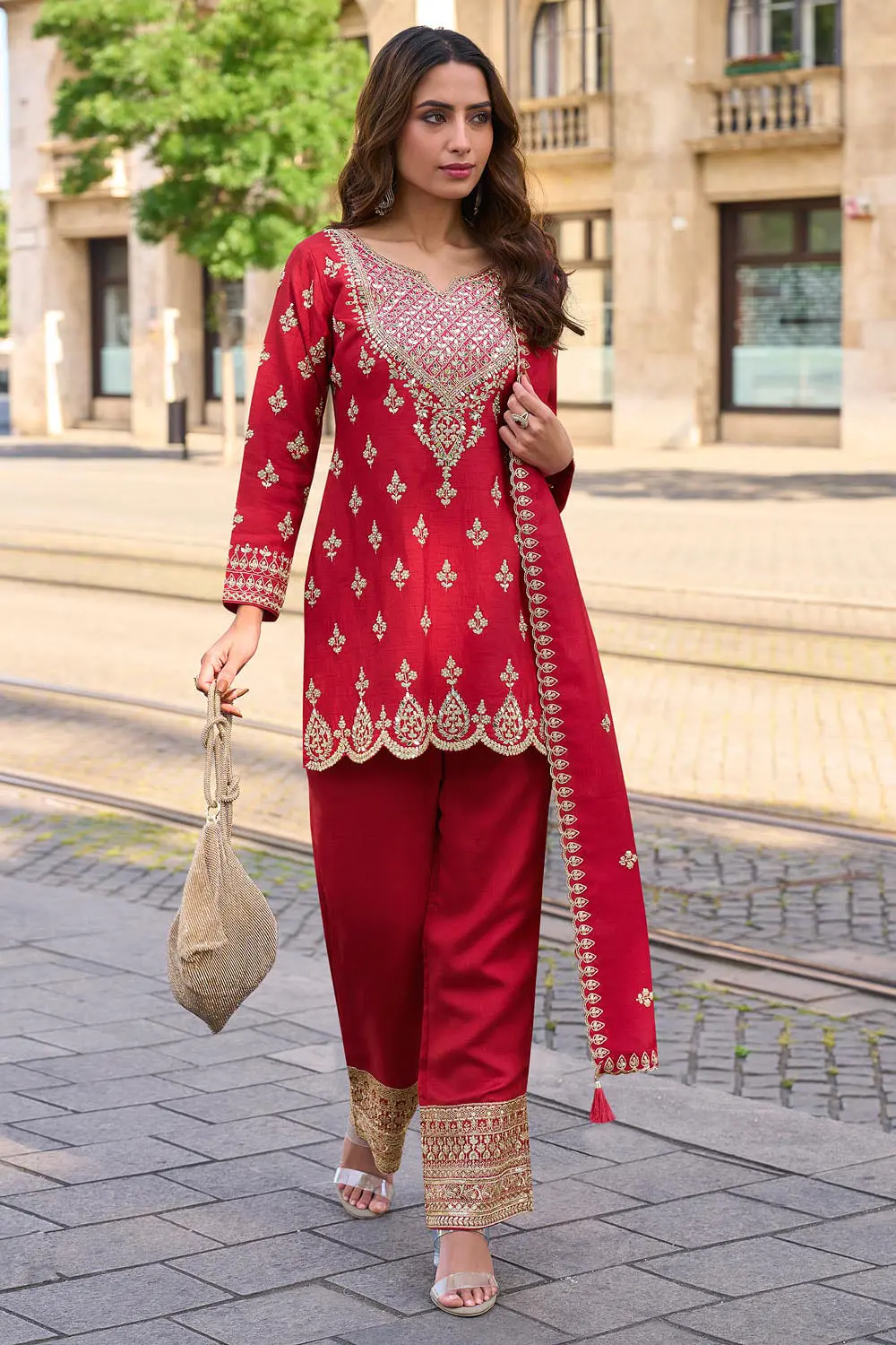 Hand Mirror Work Red Premium Silk Kurta Set — Heavy Embroidered Top, Embroidered Palazzo and Silk Dupatta Hand Mirror Work Red Premium Silk Kurta Set — Heavy Embroidered Top, Embroidered Palazzo and Silk Dupatta