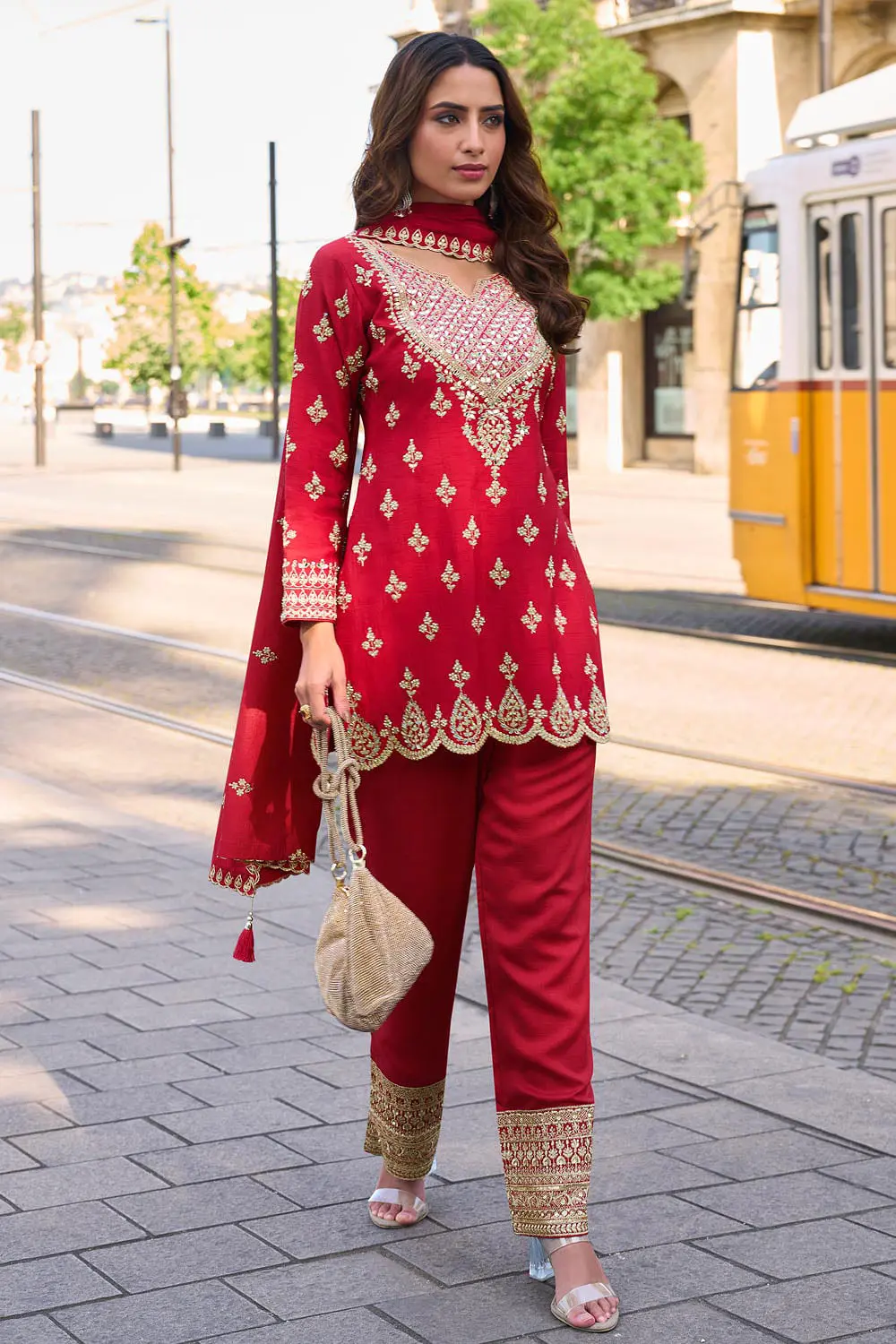 Second front view of red premium silk embroidered kurta palazzo set with silk dupatta