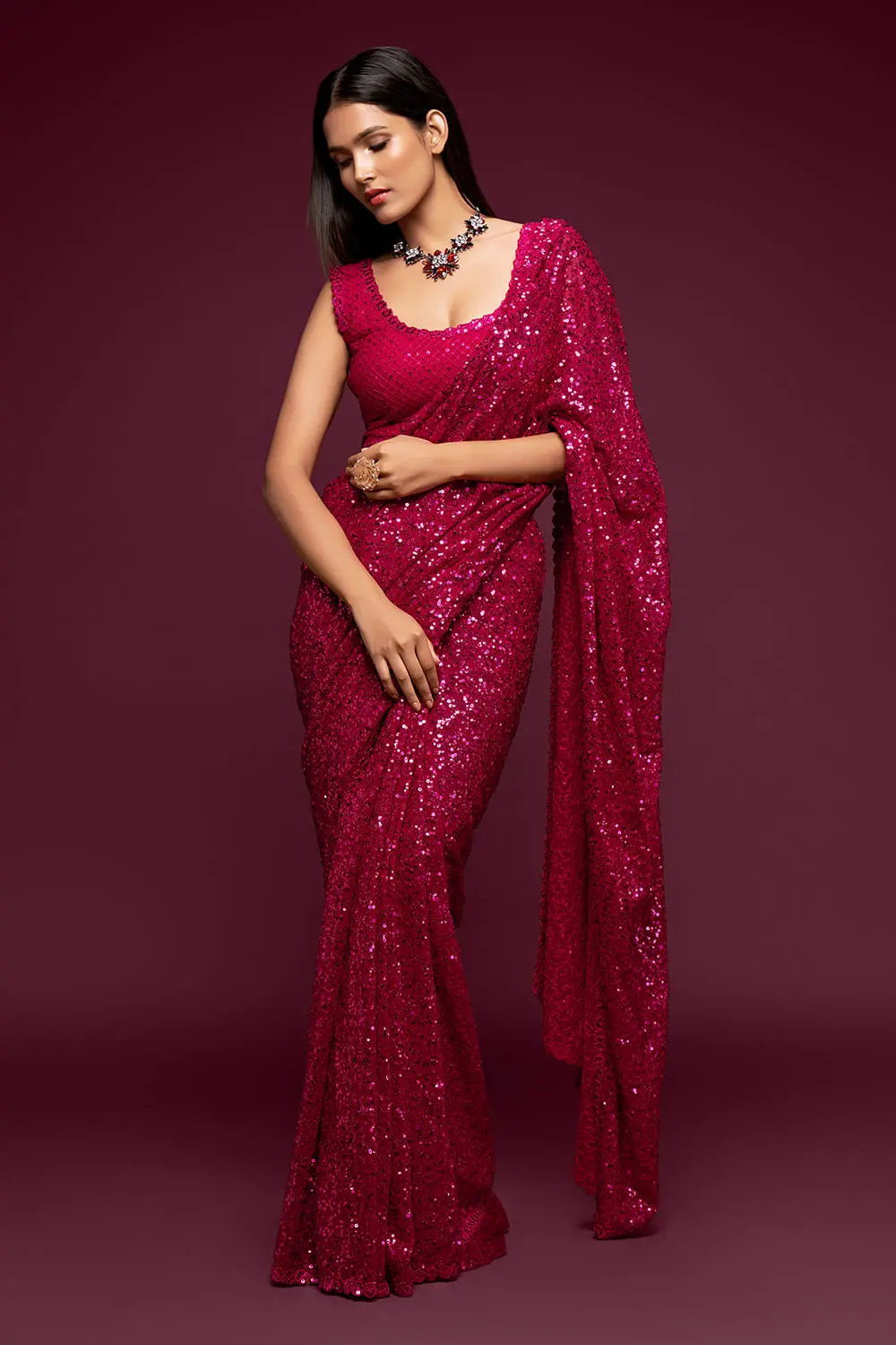 Hot Pink Georgette Saree with Thread and Multiple Sequins Embroidery Hot Pink Georgette Saree with Thread and Multiple Sequins Embroidery